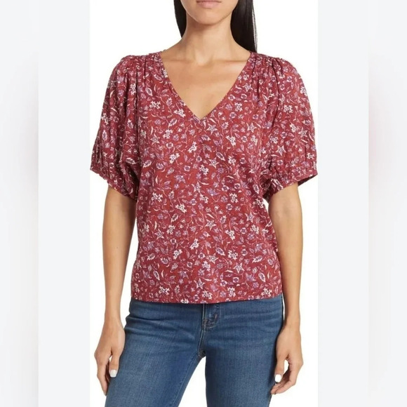 Madewell v-neck puff sleeve top in Batik Vine weathered brick size M floral - Picture 1 of 6